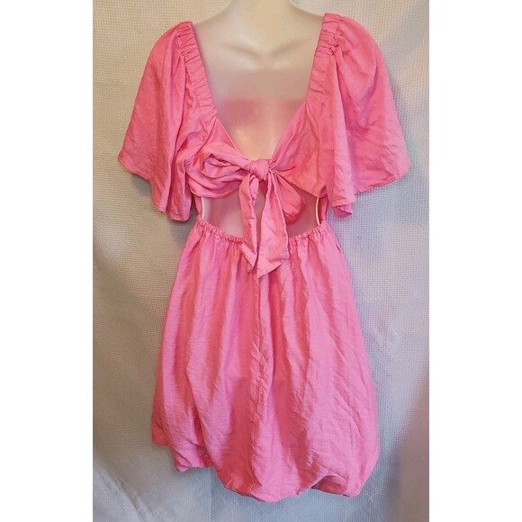 Womens Sz S Mini Prairie Dress Open Bow Back Balloon Hem Pink Summer Boho Party - Picture 3 of 9
